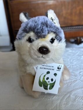 WWF Plush Wolf Toy in Gray and Cream - Soft Collectible for Small Pets
